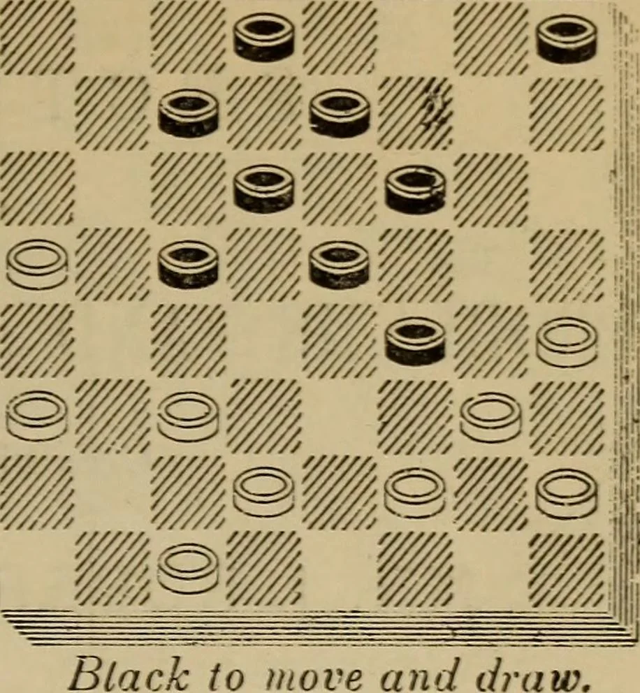 An illustration from Draughts : Gould's problems, critical positions and games by all the greatest players and composers of the world, the whole interspersed with notes on the positions / by Joseph Gould, 1895, leaf 76