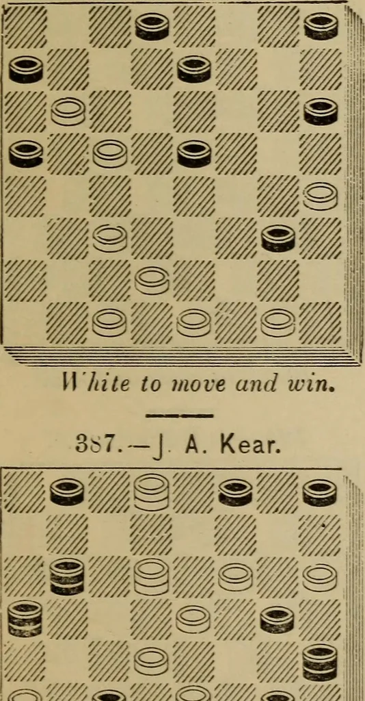 An illustration from Draughts : Gould's problems, critical positions and games by all the greatest players and composers of the world, the whole interspersed with notes on the positions / by Joseph Gould, 1895, leaf 76