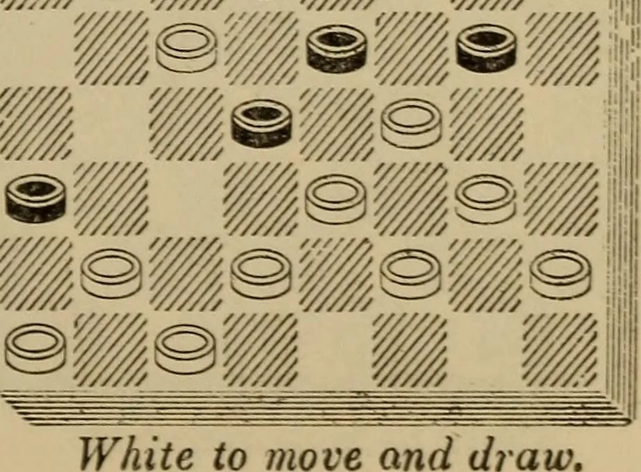 An illustration from Draughts : Gould's problems, critical positions and games by all the greatest players and composers of the world, the whole interspersed with notes on the positions / by Joseph Gould, 1895, leaf 76