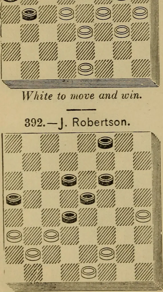 An illustration from Draughts : Gould's problems, critical positions and games by all the greatest players and composers of the world, the whole interspersed with notes on the positions / by Joseph Gould, 1895, leaf 77