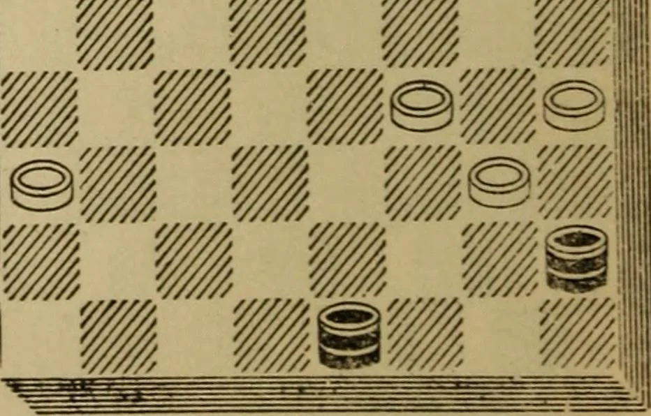 An illustration from Draughts : Gould's problems, critical positions and games by all the greatest players and composers of the world, the whole interspersed with notes on the positions / by Joseph Gould, 1895, leaf 77