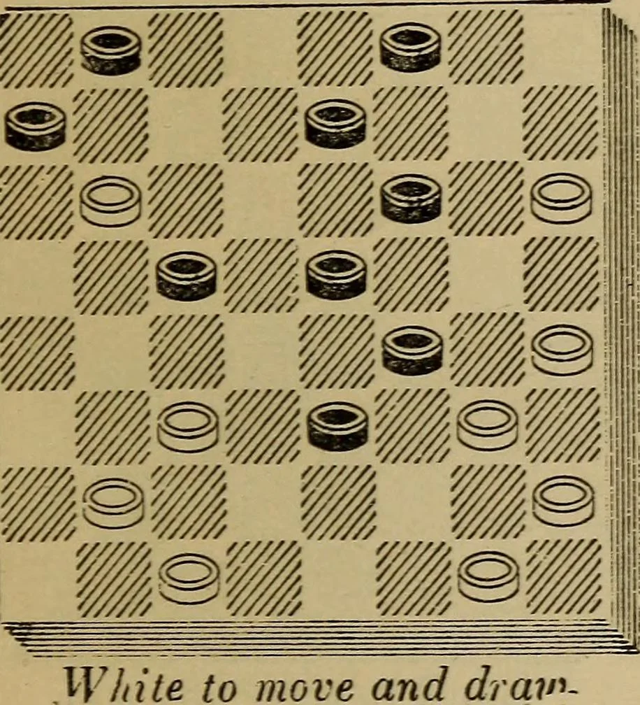 An illustration from Draughts : Gould's problems, critical positions and games by all the greatest players and composers of the world, the whole interspersed with notes on the positions / by Joseph Gould, 1895, leaf 78
