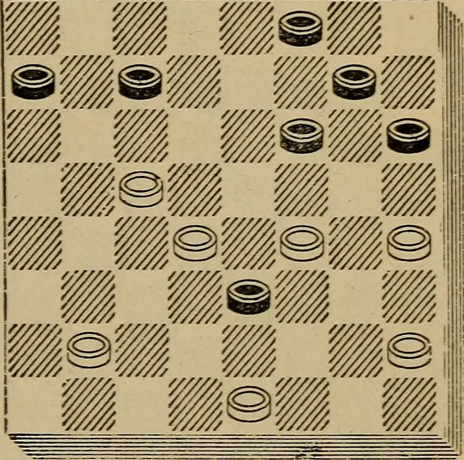 An illustration from Draughts : Gould's problems, critical positions and games by all the greatest players and composers of the world, the whole interspersed with notes on the positions / by Joseph Gould, 1895, leaf 78