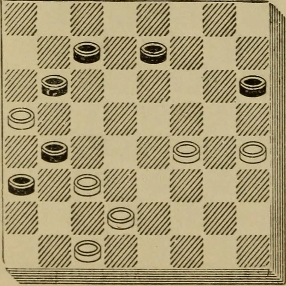 An illustration from Draughts : Gould's problems, critical positions and games by all the greatest players and composers of the world, the whole interspersed with notes on the positions / by Joseph Gould, 1895, leaf 79