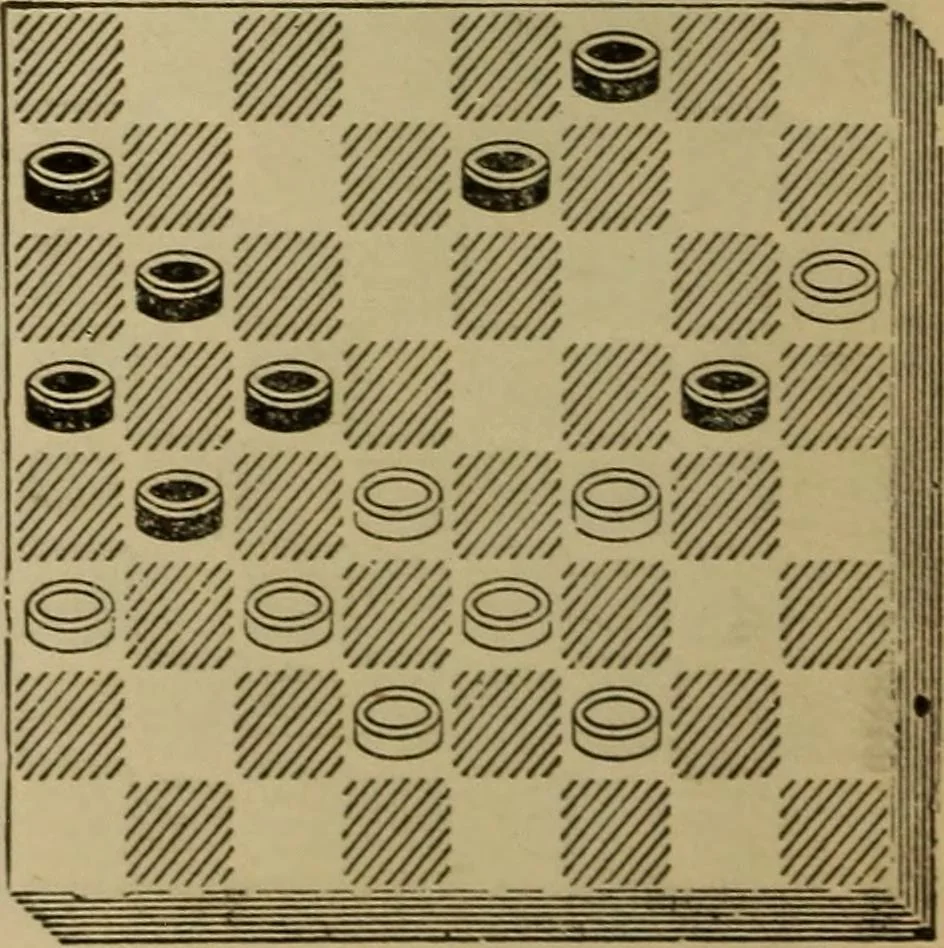 An illustration from Draughts : Gould's problems, critical positions and games by all the greatest players and composers of the world, the whole interspersed with notes on the positions / by Joseph Gould, 1895, leaf 79