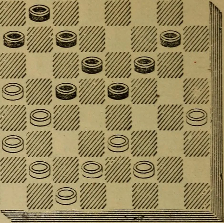 An illustration from Draughts : Gould's problems, critical positions and games by all the greatest players and composers of the world, the whole interspersed with notes on the positions / by Joseph Gould, 1895, leaf 81
