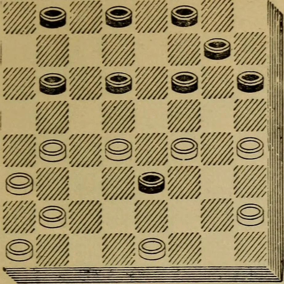 An illustration from Draughts : Gould's problems, critical positions and games by all the greatest players and composers of the world, the whole interspersed with notes on the positions / by Joseph Gould, 1895, leaf 82
