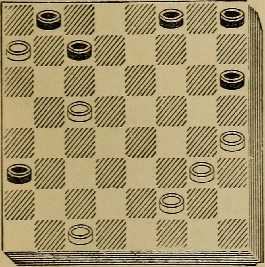 An illustration from Draughts : Gould's problems, critical positions and games by all the greatest players and composers of the world, the whole interspersed with notes on the positions / by Joseph Gould, 1895, leaf 82
