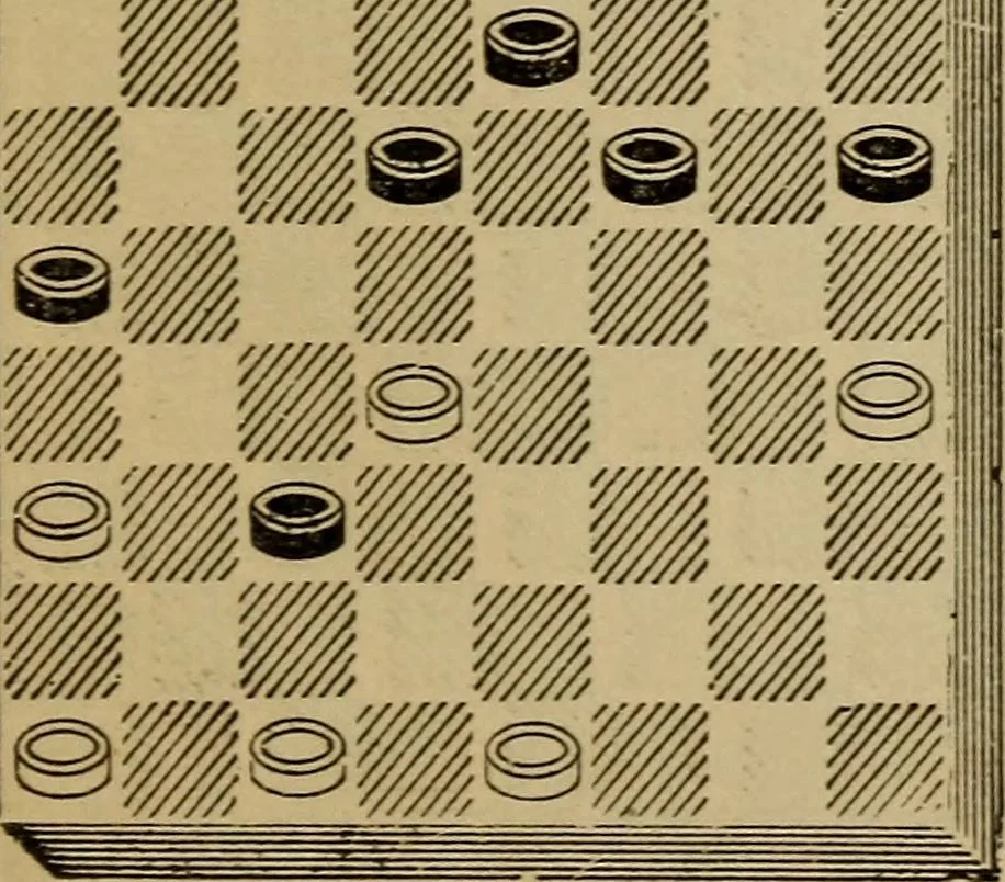 An illustration from Draughts : Gould's problems, critical positions and games by all the greatest players and composers of the world, the whole interspersed with notes on the positions / by Joseph Gould, 1895, leaf 82