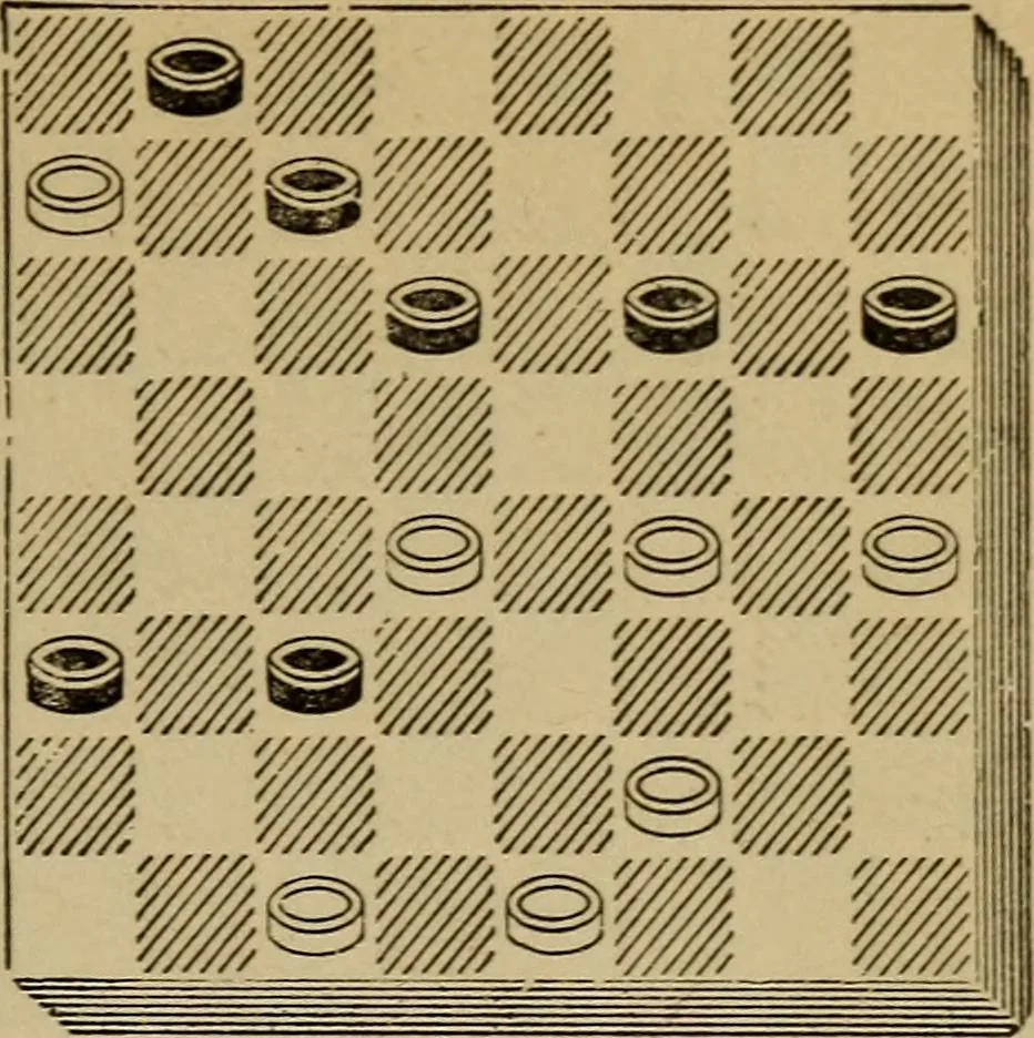 An illustration from Draughts : Gould's problems, critical positions and games by all the greatest players and composers of the world, the whole interspersed with notes on the positions / by Joseph Gould, 1895, leaf 82