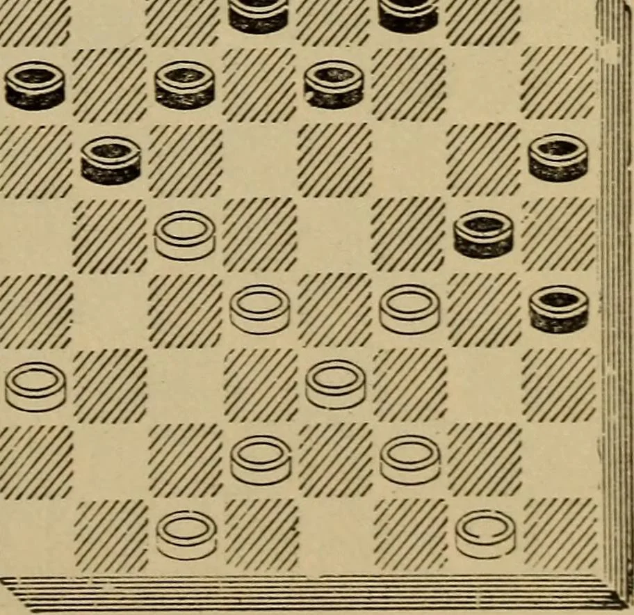 An illustration from Draughts : Gould's problems, critical positions and games by all the greatest players and composers of the world, the whole interspersed with notes on the positions / by Joseph Gould, 1895, leaf 82