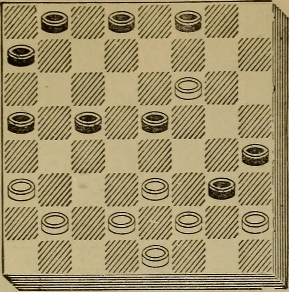 An illustration from Draughts : Gould's problems, critical positions and games by all the greatest players and composers of the world, the whole interspersed with notes on the positions / by Joseph Gould, 1895, leaf 83