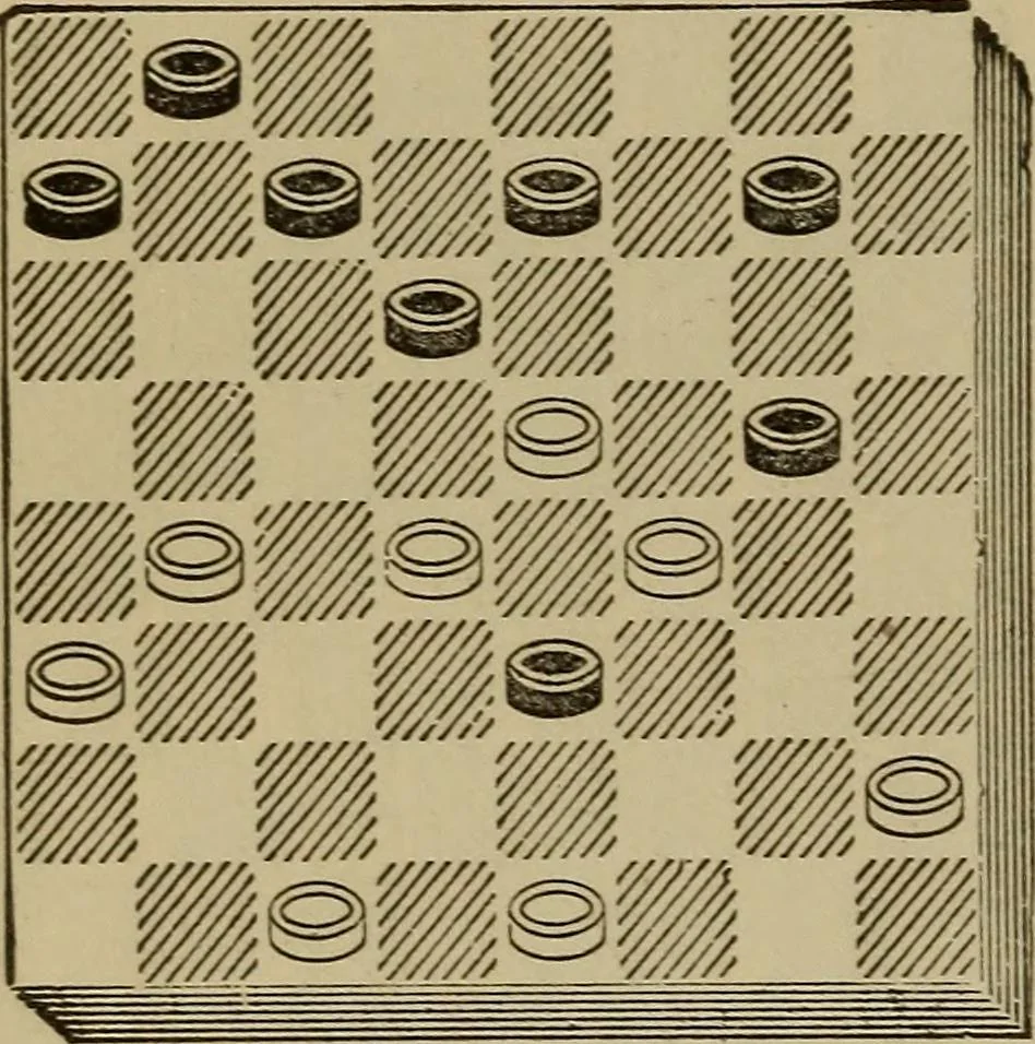 An illustration from Draughts : Gould's problems, critical positions and games by all the greatest players and composers of the world, the whole interspersed with notes on the positions / by Joseph Gould, 1895, leaf 83