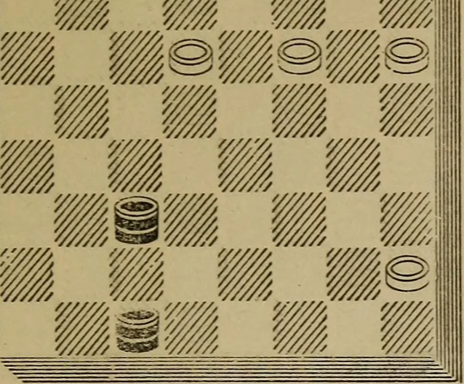 An illustration from Draughts : Gould's problems, critical positions and games by all the greatest players and composers of the world, the whole interspersed with notes on the positions / by Joseph Gould, 1895, leaf 84