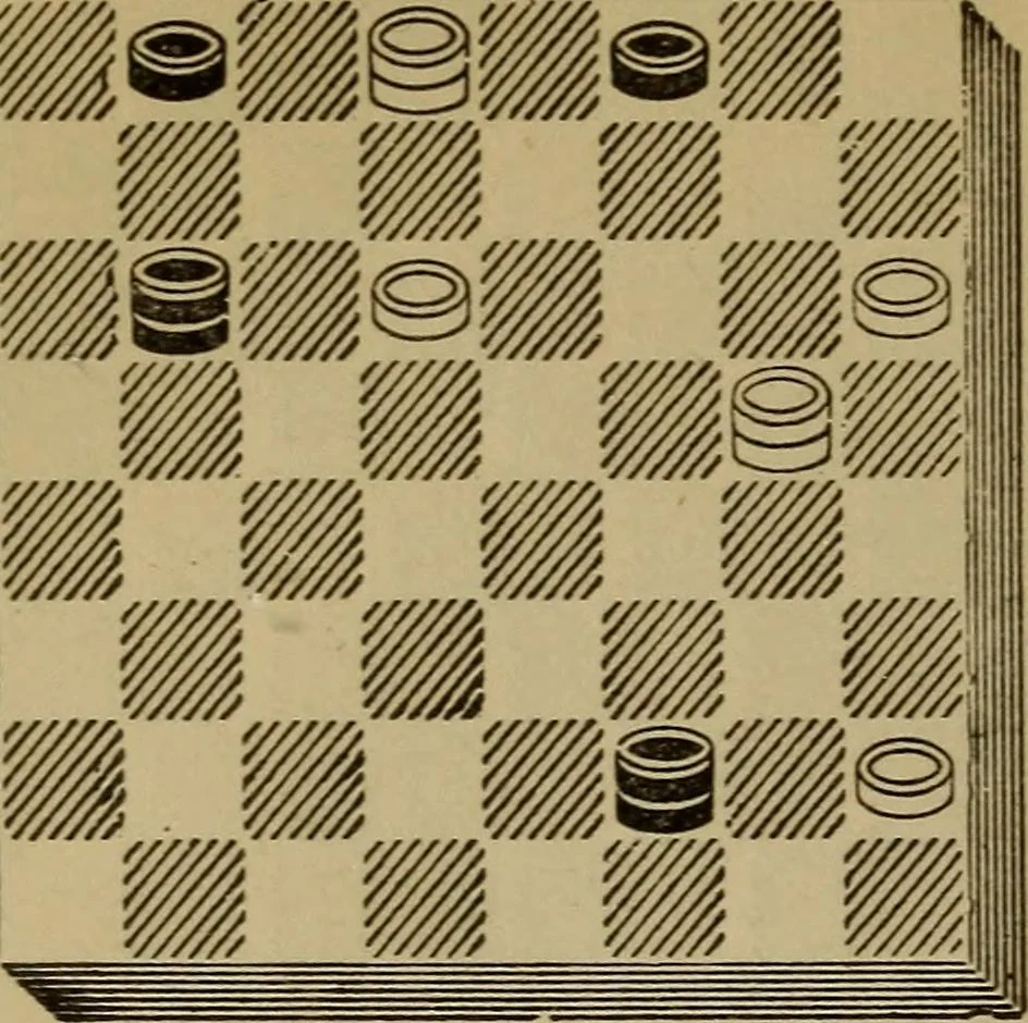 An illustration from Draughts : Gould's problems, critical positions and games by all the greatest players and composers of the world, the whole interspersed with notes on the positions / by Joseph Gould, 1895, leaf 85