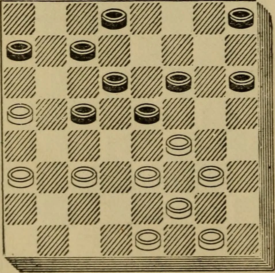 An illustration from Draughts : Gould's problems, critical positions and games by all the greatest players and composers of the world, the whole interspersed with notes on the positions / by Joseph Gould, 1895, leaf 85