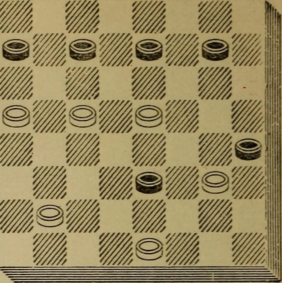 An illustration from Draughts : Gould's problems, critical positions and games by all the greatest players and composers of the world, the whole interspersed with notes on the positions / by Joseph Gould, 1895, leaf 85
