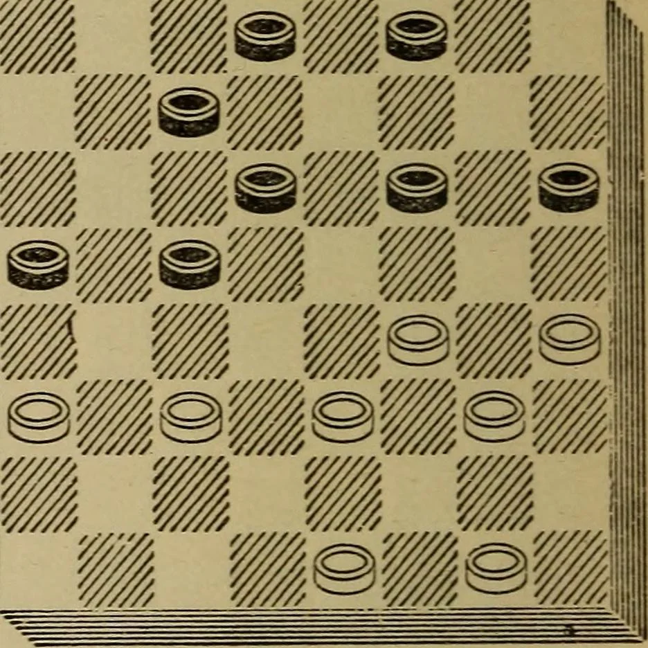 An illustration from Draughts : Gould's problems, critical positions and games by all the greatest players and composers of the world, the whole interspersed with notes on the positions / by Joseph Gould, 1895, leaf 85