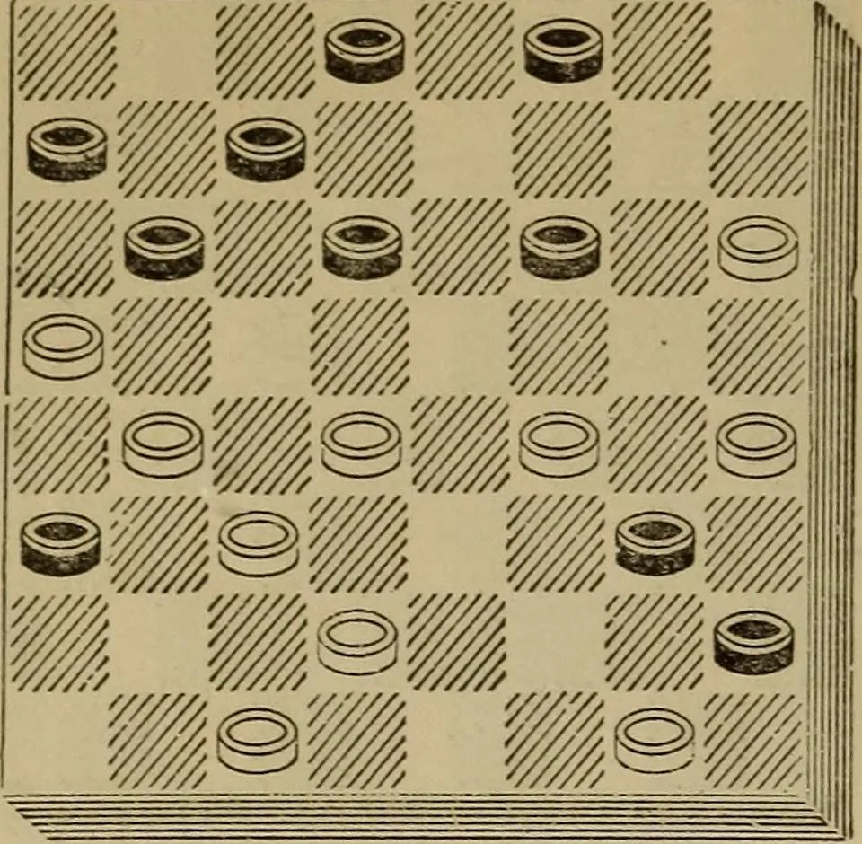 An illustration from Draughts : Gould's problems, critical positions and games by all the greatest players and composers of the world, the whole interspersed with notes on the positions / by Joseph Gould, 1895, leaf 87