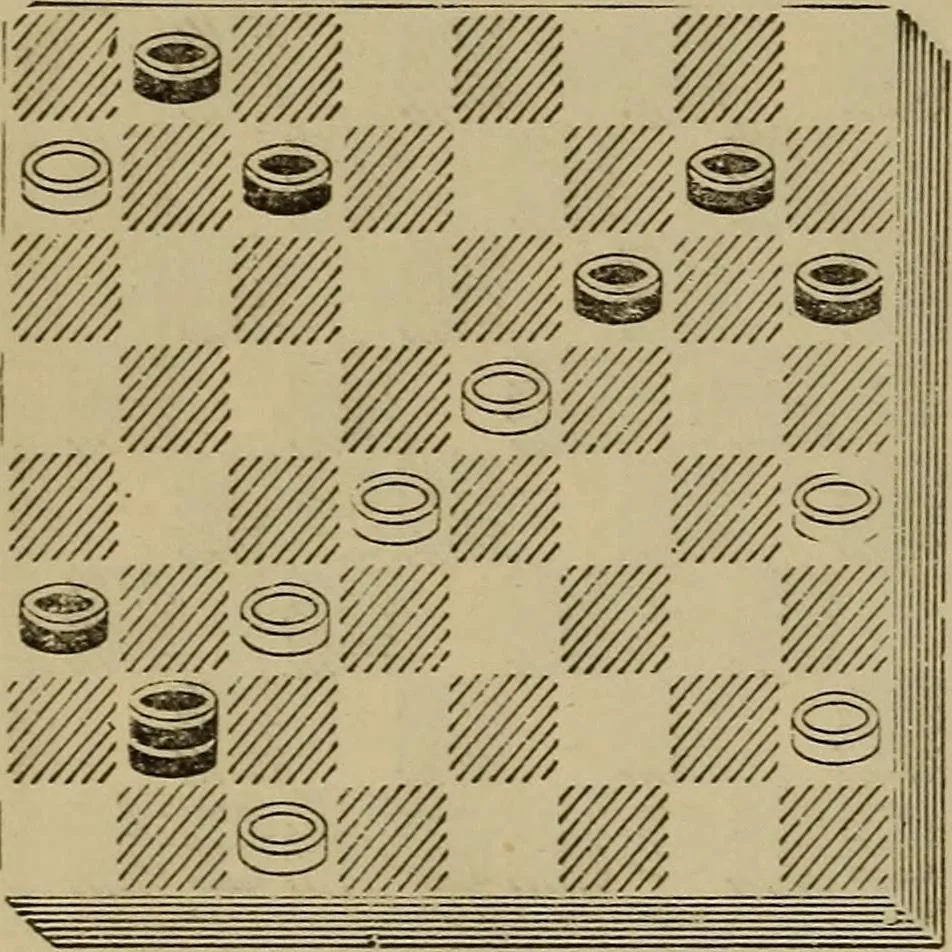 An illustration from Draughts : Gould's problems, critical positions and games by all the greatest players and composers of the world, the whole interspersed with notes on the positions / by Joseph Gould, 1895, leaf 87