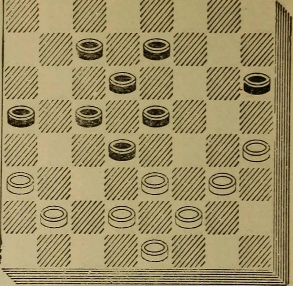 An illustration from Draughts : Gould's problems, critical positions and games by all the greatest players and composers of the world, the whole interspersed with notes on the positions / by Joseph Gould, 1895, leaf 87
