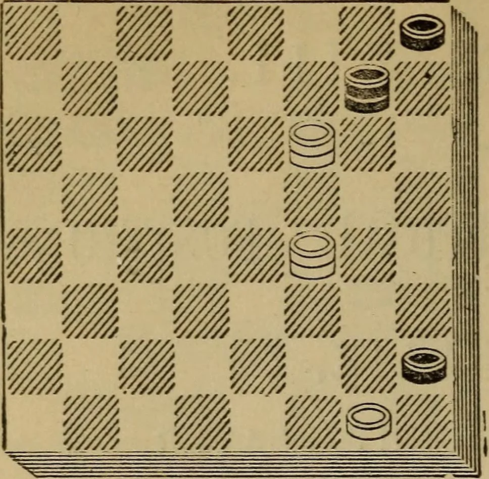 An illustration from Draughts : Gould's problems, critical positions and games by all the greatest players and composers of the world, the whole interspersed with notes on the positions / by Joseph Gould, 1895, leaf 89