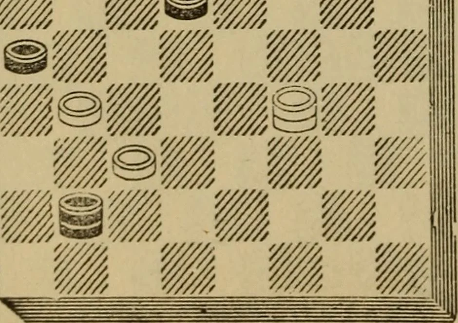 An illustration from Draughts : Gould's problems, critical positions and games by all the greatest players and composers of the world, the whole interspersed with notes on the positions / by Joseph Gould, 1895, leaf 89
