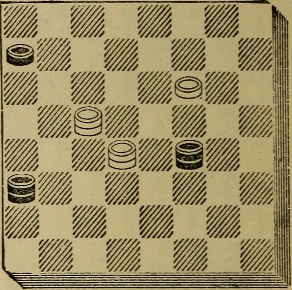 An illustration from Draughts : Gould's problems, critical positions and games by all the greatest players and composers of the world, the whole interspersed with notes on the positions / by Joseph Gould, 1895, leaf 89