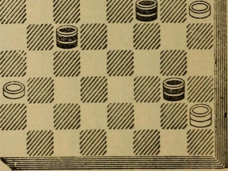 An illustration from Draughts : Gould's problems, critical positions and games by all the greatest players and composers of the world, the whole interspersed with notes on the positions / by Joseph Gould, 1895, leaf 89
