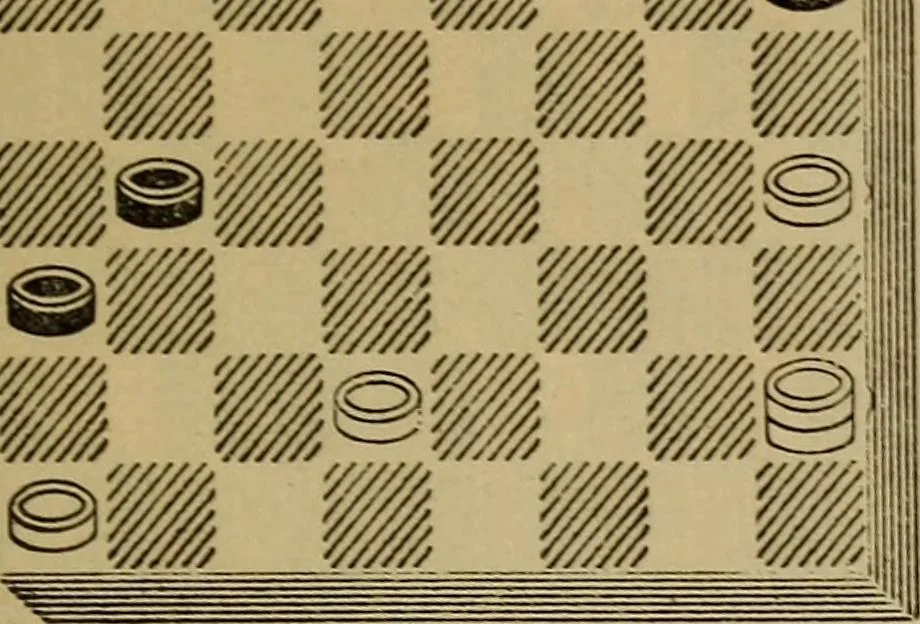 An illustration from Draughts : Gould's problems, critical positions and games by all the greatest players and composers of the world, the whole interspersed with notes on the positions / by Joseph Gould, 1895, leaf 90
