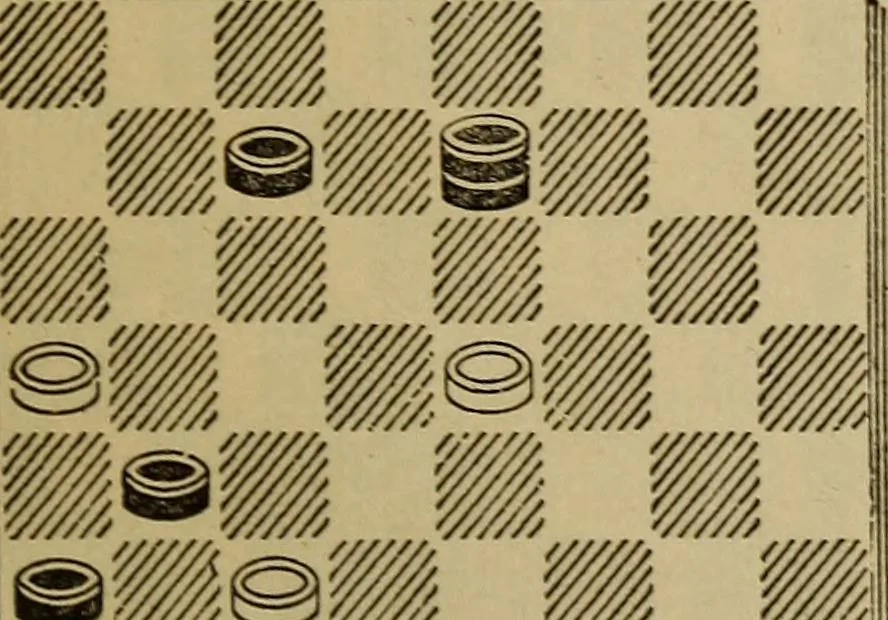 An illustration from Draughts : Gould's problems, critical positions and games by all the greatest players and composers of the world, the whole interspersed with notes on the positions / by Joseph Gould, 1895, leaf 90