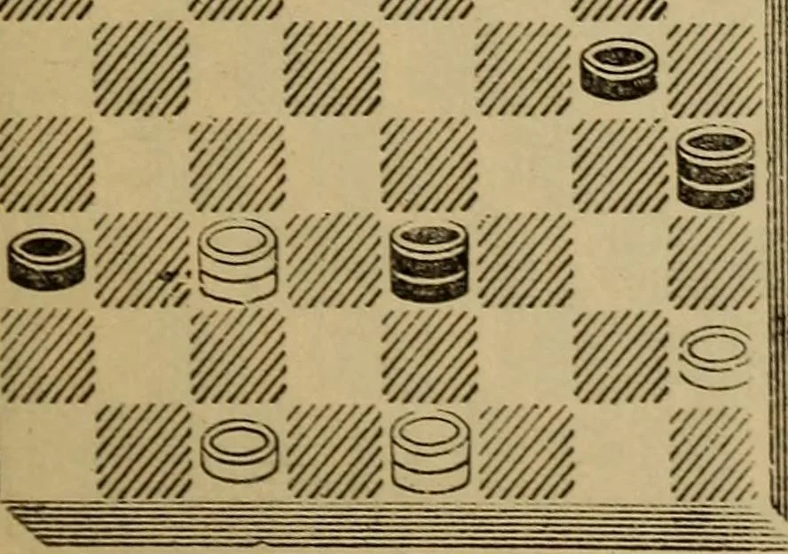 An illustration from Draughts : Gould's problems, critical positions and games by all the greatest players and composers of the world, the whole interspersed with notes on the positions / by Joseph Gould, 1895, leaf 90