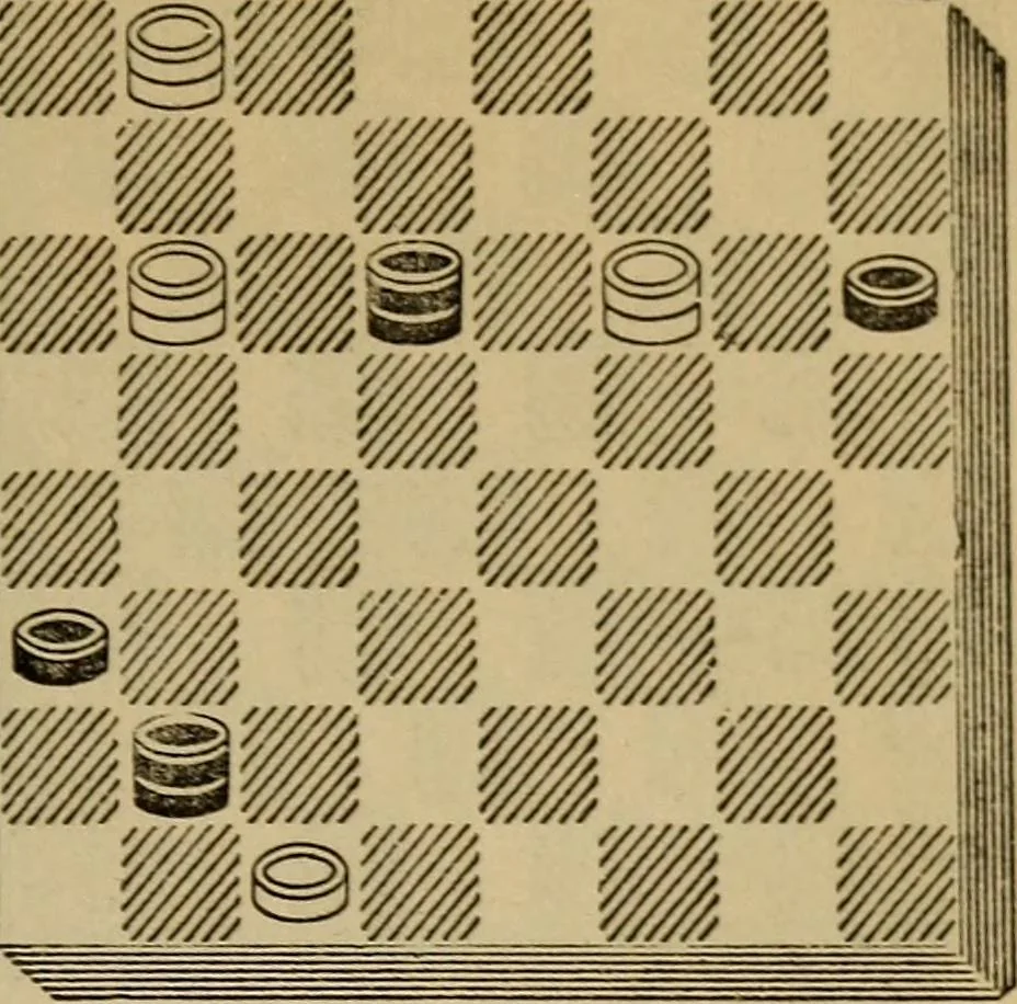 An illustration from Draughts : Gould's problems, critical positions and games by all the greatest players and composers of the world, the whole interspersed with notes on the positions / by Joseph Gould, 1895, leaf 90