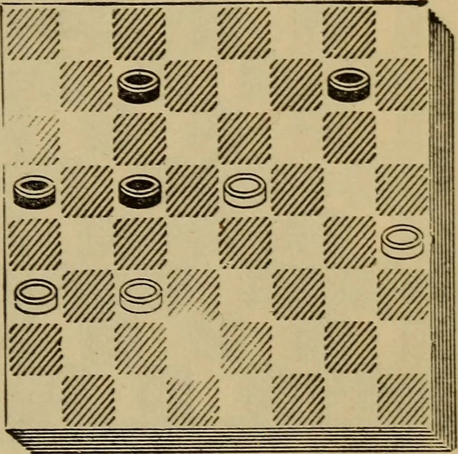 An illustration from Draughts : Gould's problems, critical positions and games by all the greatest players and composers of the world, the whole interspersed with notes on the positions / by Joseph Gould, 1895, leaf 90