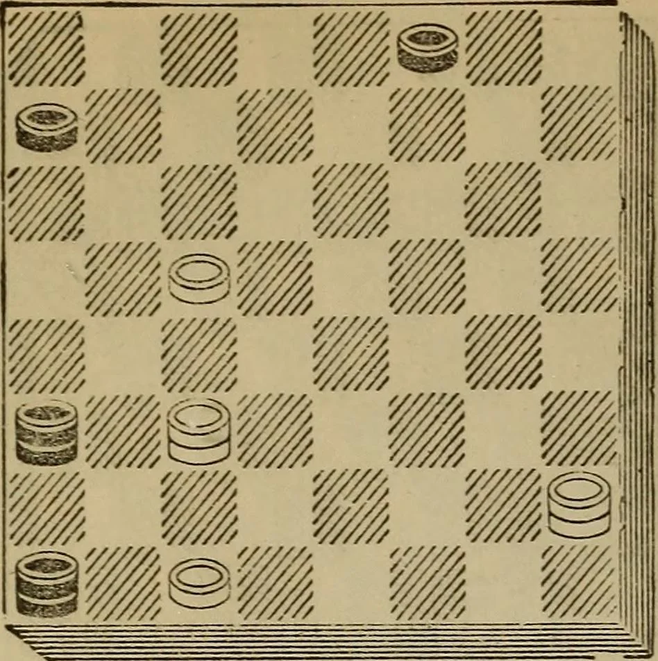 An illustration from Draughts : Gould's problems, critical positions and games by all the greatest players and composers of the world, the whole interspersed with notes on the positions / by Joseph Gould, 1895, leaf 91
