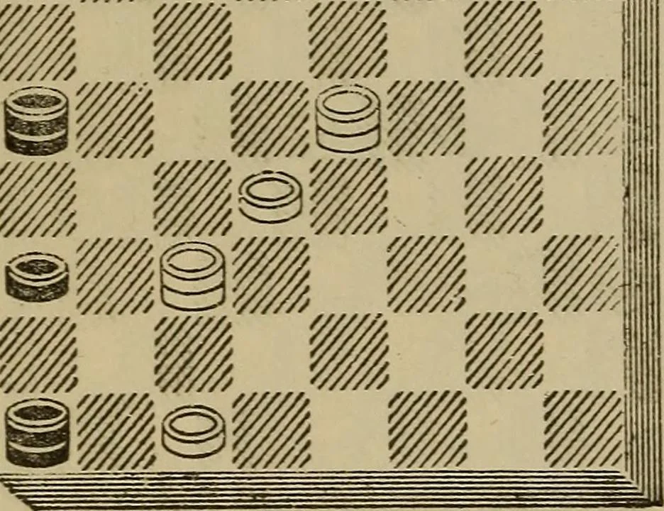 An illustration from Draughts : Gould's problems, critical positions and games by all the greatest players and composers of the world, the whole interspersed with notes on the positions / by Joseph Gould, 1895, leaf 91