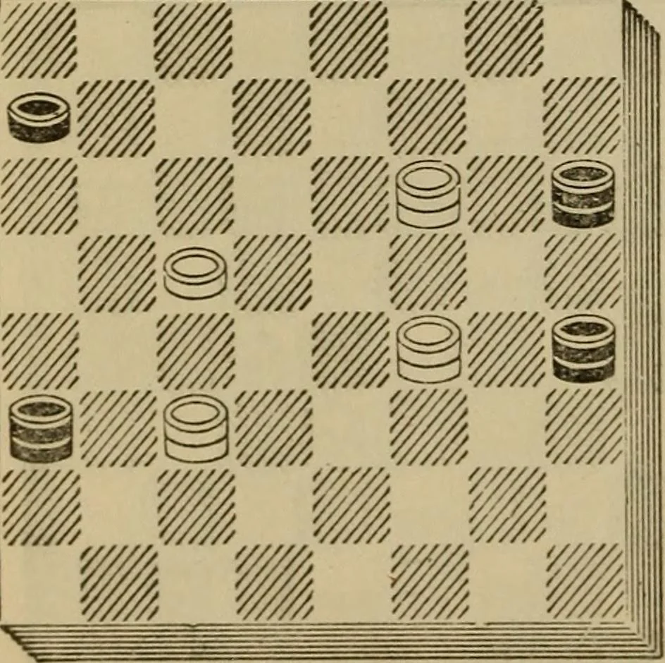 An illustration from Draughts : Gould's problems, critical positions and games by all the greatest players and composers of the world, the whole interspersed with notes on the positions / by Joseph Gould, 1895, leaf 91