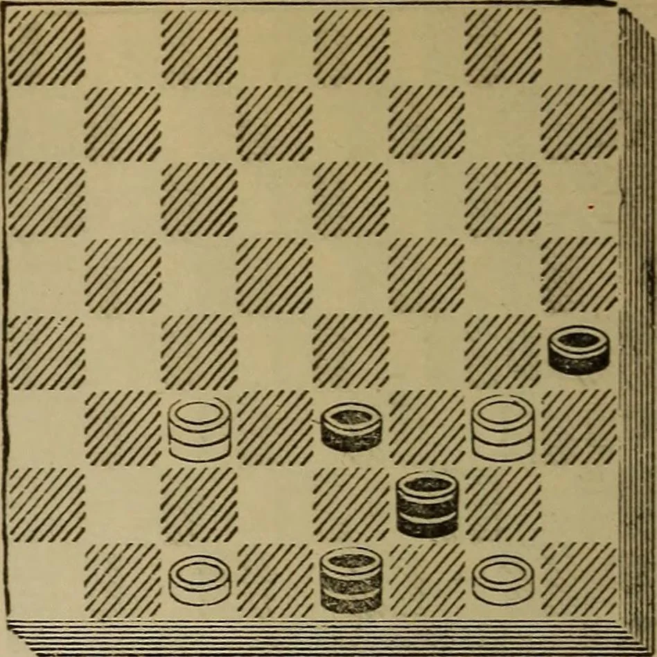 An illustration from Draughts : Gould's problems, critical positions and games by all the greatest players and composers of the world, the whole interspersed with notes on the positions / by Joseph Gould, 1895, leaf 91