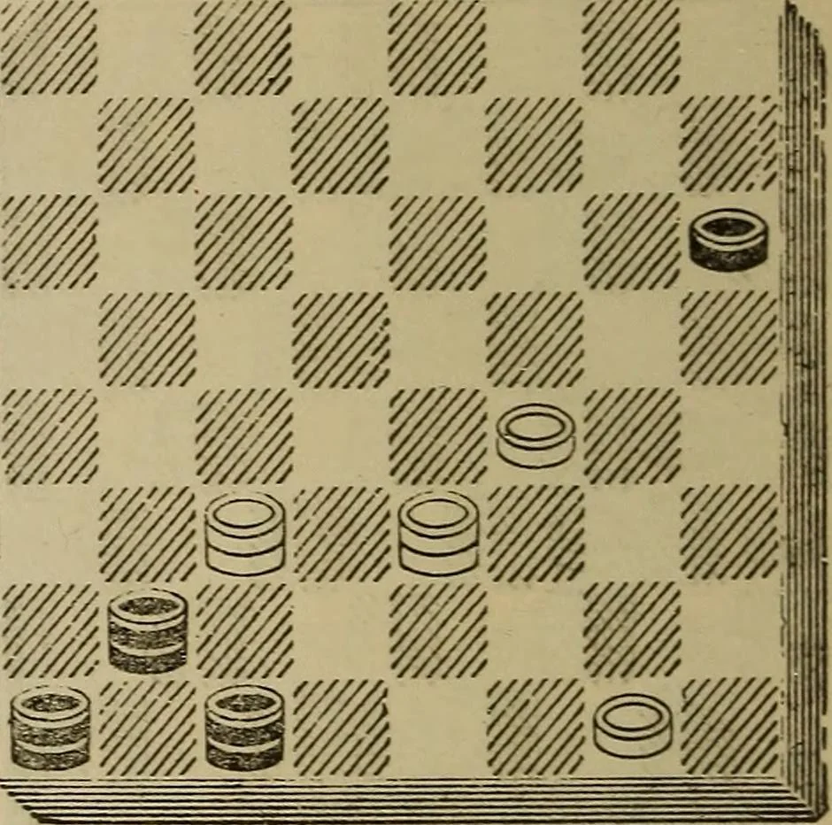 An illustration from Draughts : Gould's problems, critical positions and games by all the greatest players and composers of the world, the whole interspersed with notes on the positions / by Joseph Gould, 1895, leaf 91