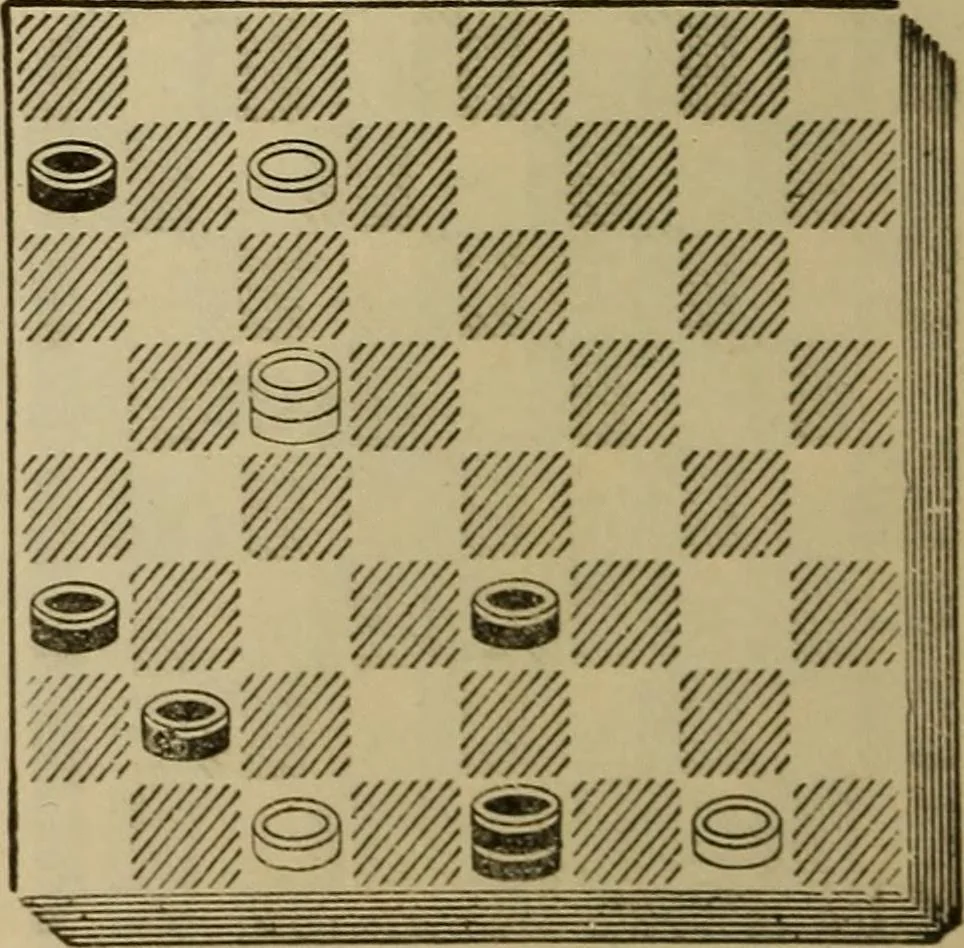 An illustration from Draughts : Gould's problems, critical positions and games by all the greatest players and composers of the world, the whole interspersed with notes on the positions / by Joseph Gould, 1895, leaf 91