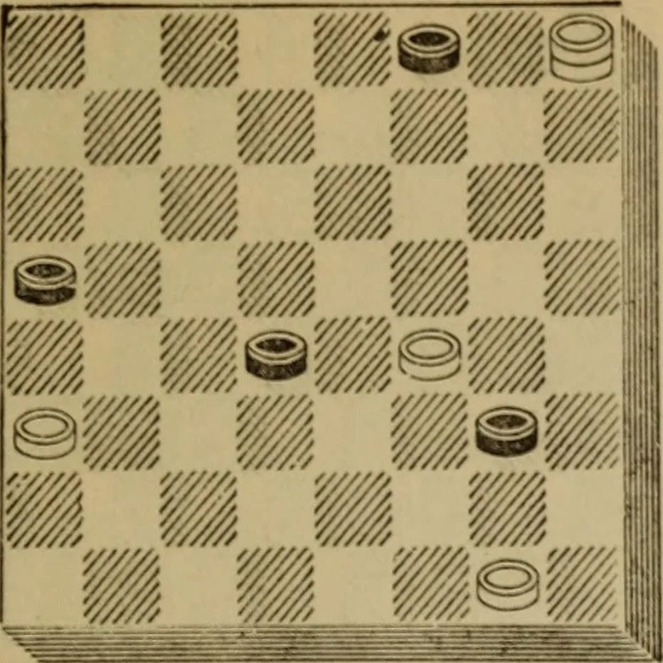 An illustration from Draughts : Gould's problems, critical positions and games by all the greatest players and composers of the world, the whole interspersed with notes on the positions / by Joseph Gould, 1895, leaf 92