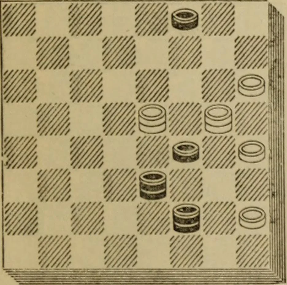 An illustration from Draughts : Gould's problems, critical positions and games by all the greatest players and composers of the world, the whole interspersed with notes on the positions / by Joseph Gould, 1895, leaf 92