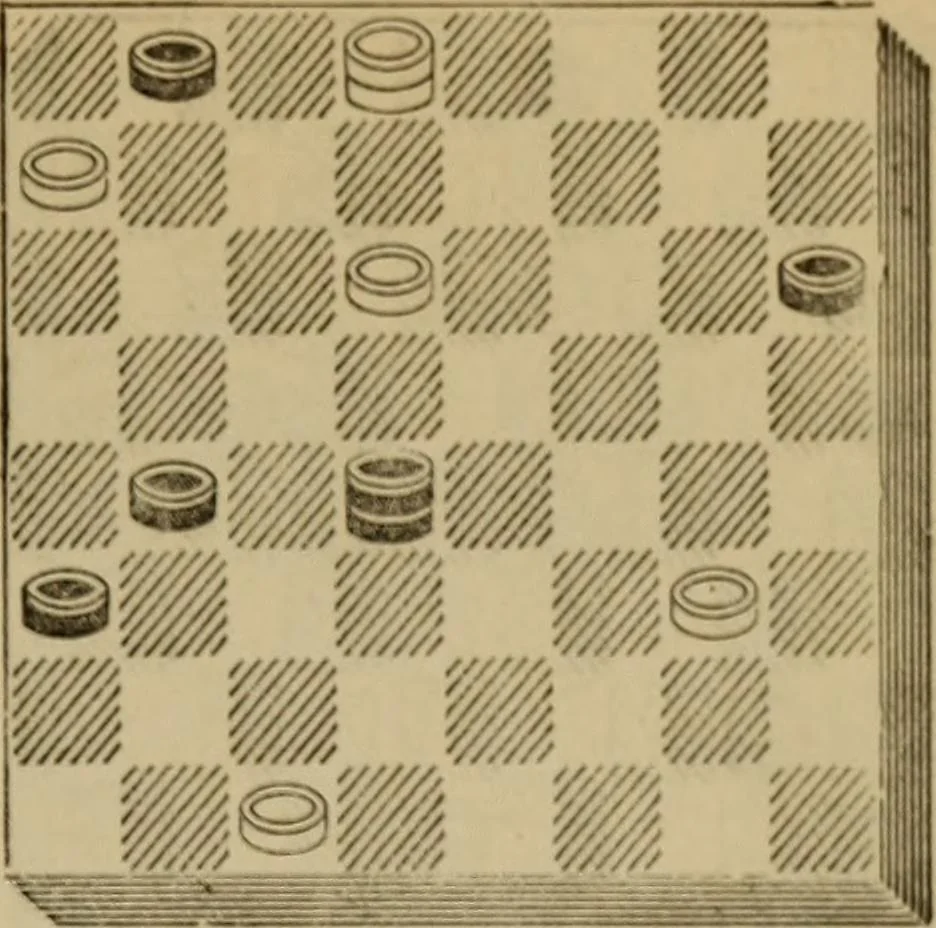 An illustration from Draughts : Gould's problems, critical positions and games by all the greatest players and composers of the world, the whole interspersed with notes on the positions / by Joseph Gould, 1895, leaf 92