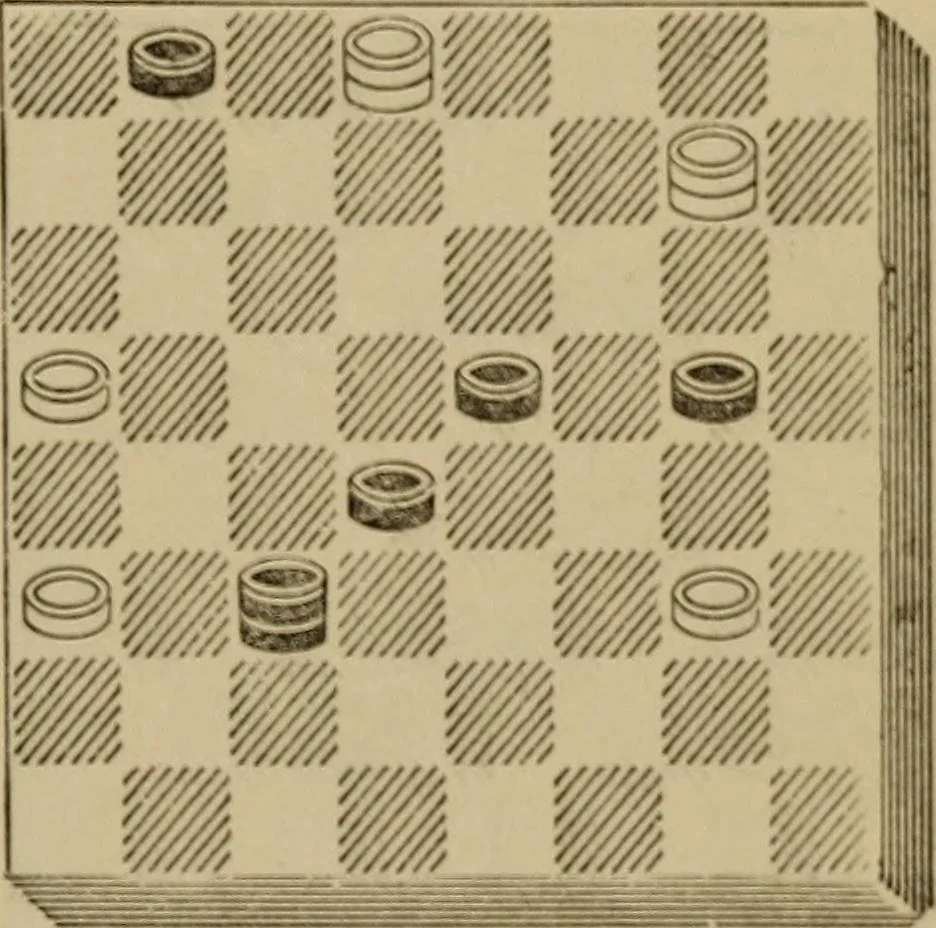 An illustration from Draughts : Gould's problems, critical positions and games by all the greatest players and composers of the world, the whole interspersed with notes on the positions / by Joseph Gould, 1895, leaf 92