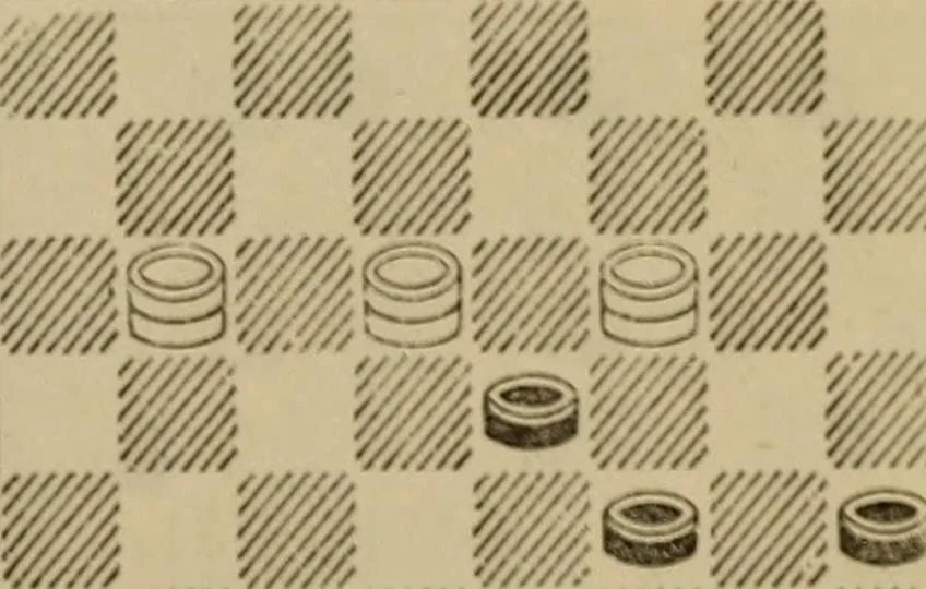 An illustration from Draughts : Gould's problems, critical positions and games by all the greatest players and composers of the world, the whole interspersed with notes on the positions / by Joseph Gould, 1895, leaf 92