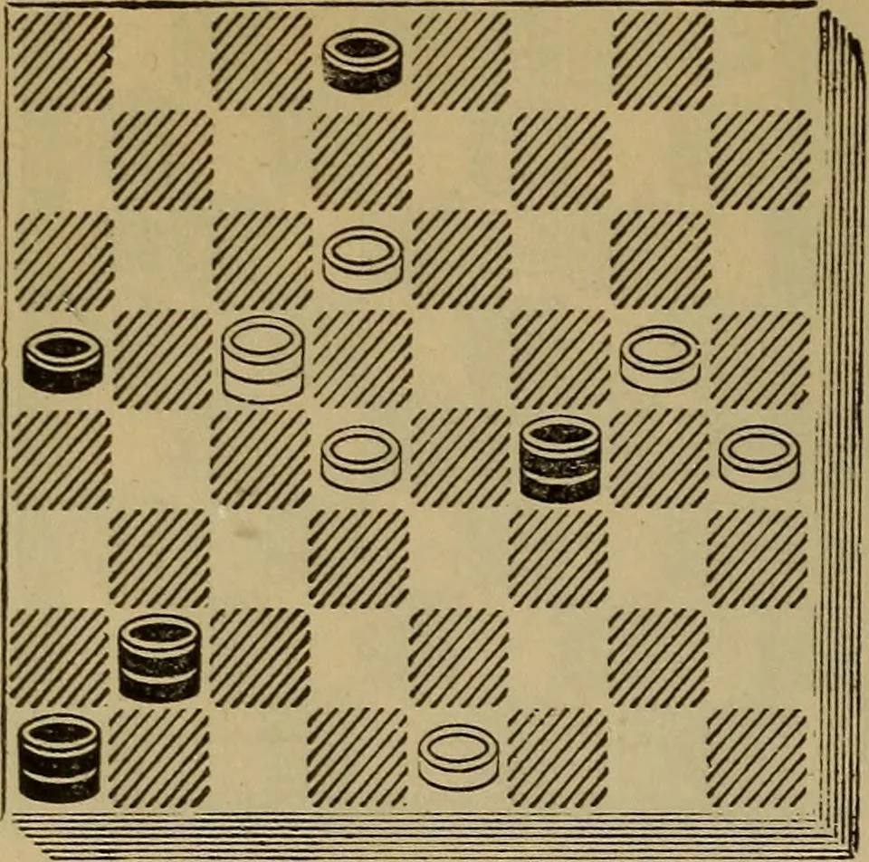 An illustration from Draughts : Gould's problems, critical positions and games by all the greatest players and composers of the world, the whole interspersed with notes on the positions / by Joseph Gould, 1895, leaf 93