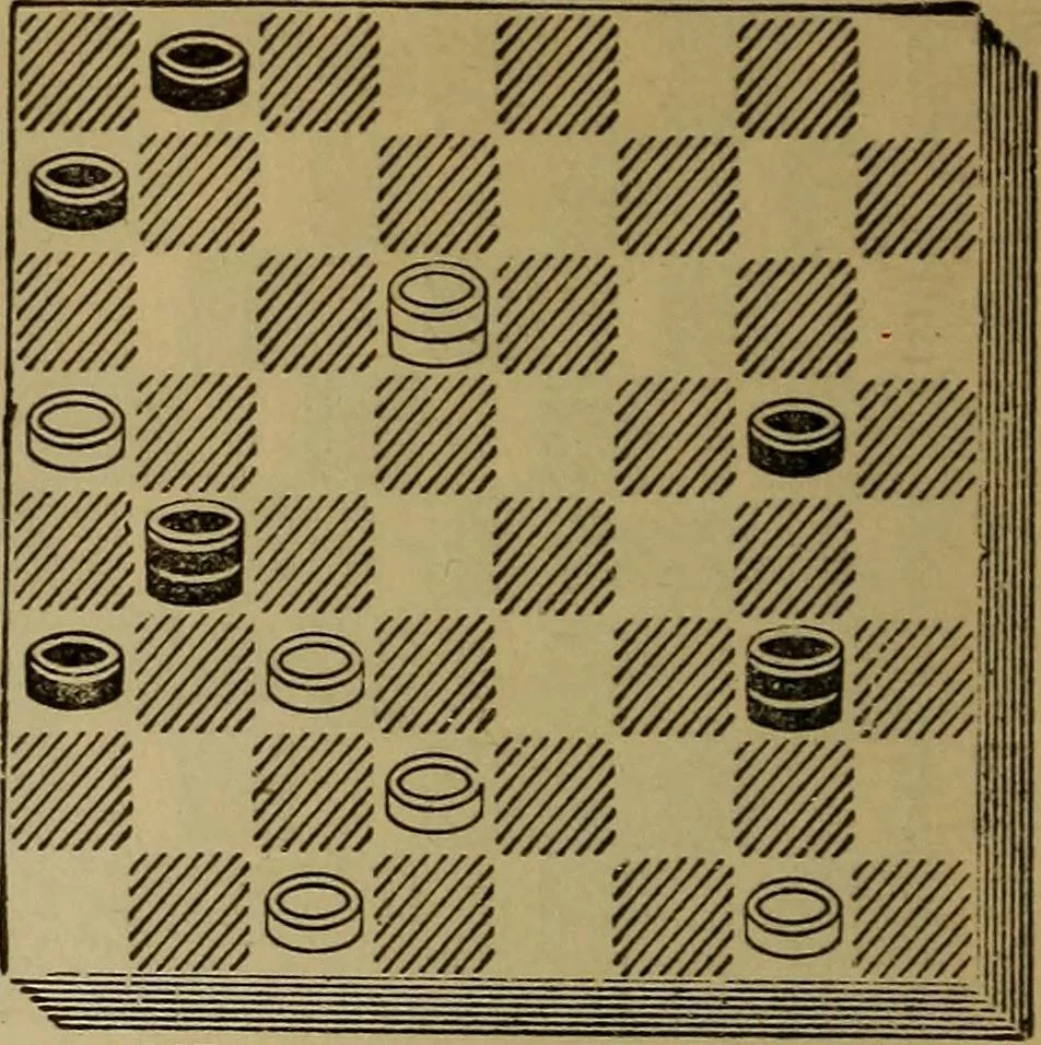 An illustration from Draughts : Gould's problems, critical positions and games by all the greatest players and composers of the world, the whole interspersed with notes on the positions / by Joseph Gould, 1895, leaf 93