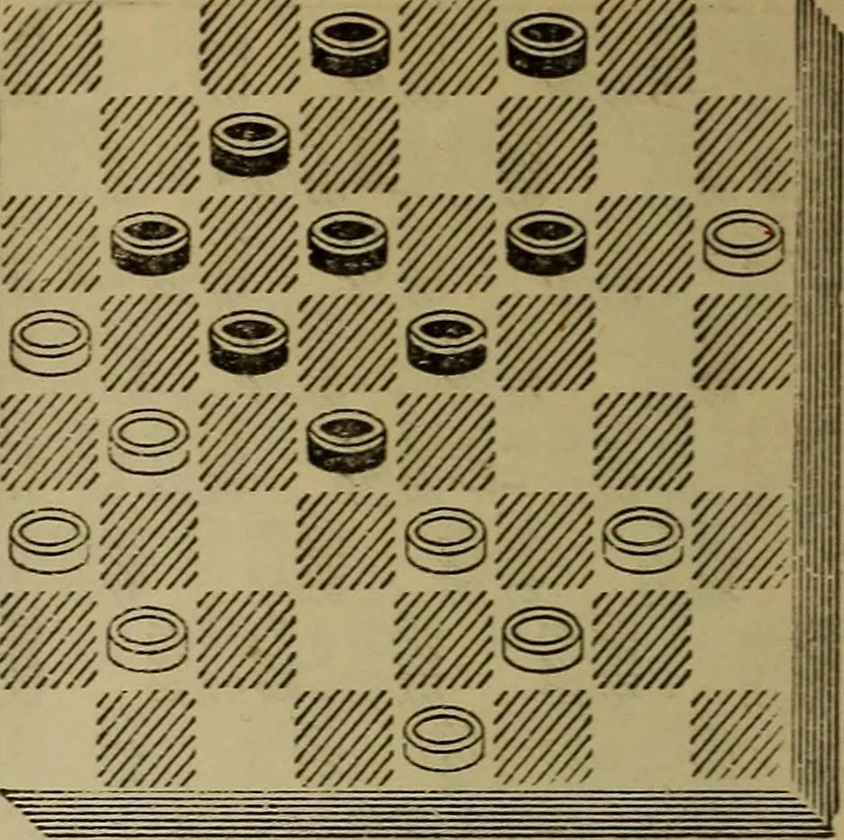 An illustration from Draughts : Gould's problems, critical positions and games by all the greatest players and composers of the world, the whole interspersed with notes on the positions / by Joseph Gould, 1895, leaf 95