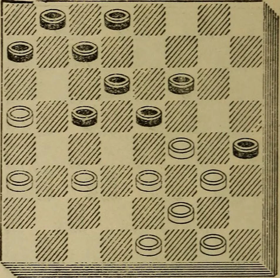 An illustration from Draughts : Gould's problems, critical positions and games by all the greatest players and composers of the world, the whole interspersed with notes on the positions / by Joseph Gould, 1895, leaf 95