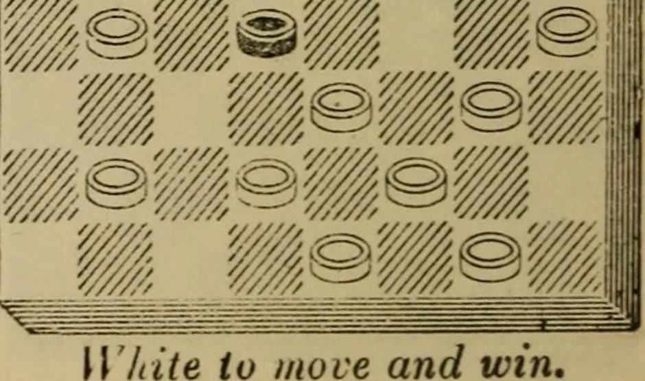 An illustration from Draughts : Gould's problems, critical positions and games by all the greatest players and composers of the world, the whole interspersed with notes on the positions / by Joseph Gould, 1895, leaf 95